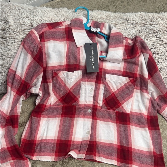 Plaid Crop Button-Front Top - Red/White - Picture 3 of 5